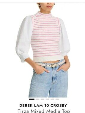 NWT Derek Lam 10 Crosby Pink & White Striped Mixed Media Top Sz XL